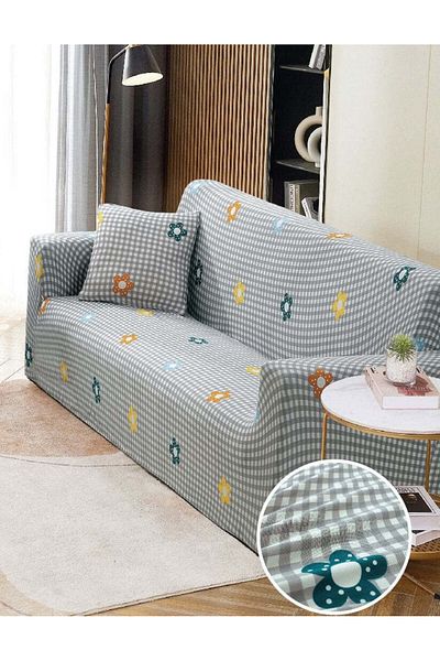 trendyhome Elastic Armrest Cover, 2-Seater Sofa, Poppies, Grey/White, J11213