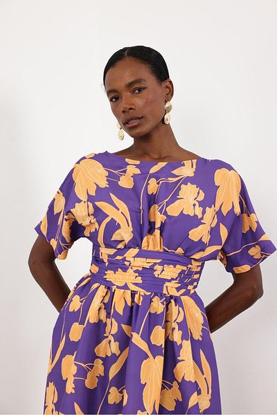 5in1Canpolat Purple Gathered Short Sleeve Dress