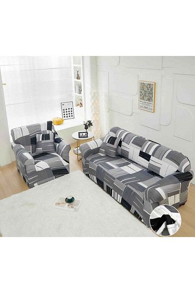 trendyhome Elastic Cover with Arms, 3-Seater Sofa, Grey/White/Black, J14837