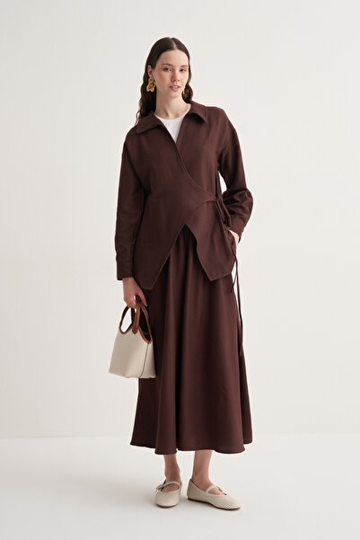 EBU Prive Γυναικείο κιμονό από βαμβακερό κολάρο Cupra, καφέ βαθύ χρώμα