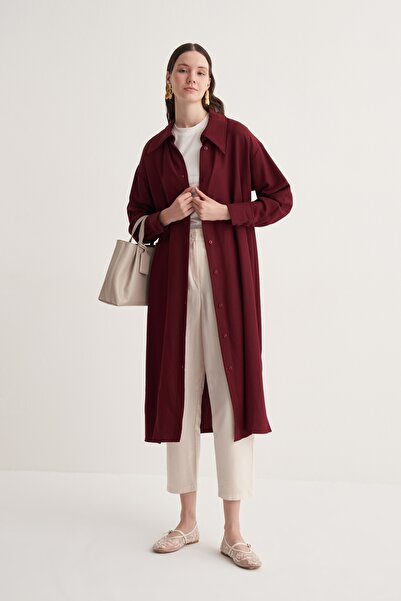 EBU Prive Kadın Cupra Dökümlü Pamuklu Oversize Uzun Gömlek Elbise Bordo