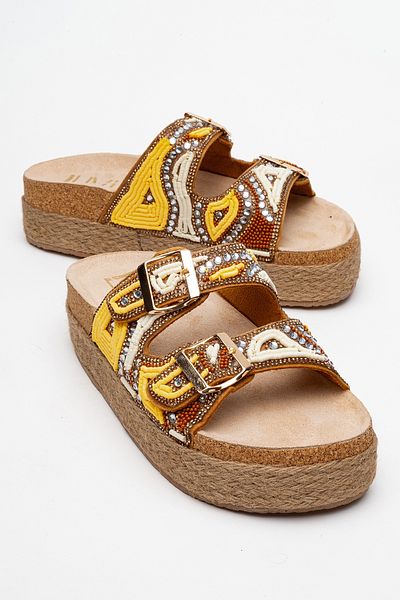 LuviShoes Bobby Yellow Stone Ethnic Patterned Straw Thick Cork Sole Women's Slippers