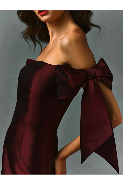 DADUCOLLECTİON Bordo Fiyonk Detaylı Midi Elbise