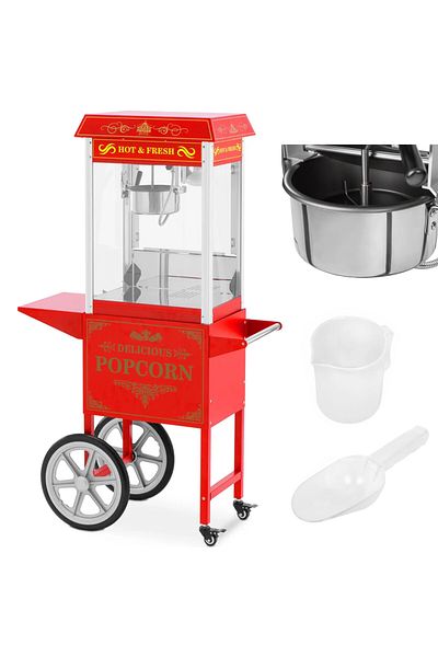 Royal Catering Profesjonalna maszyna do popcornu na wózku z oświetleniem RETRO 88 l 1600 W czerwona