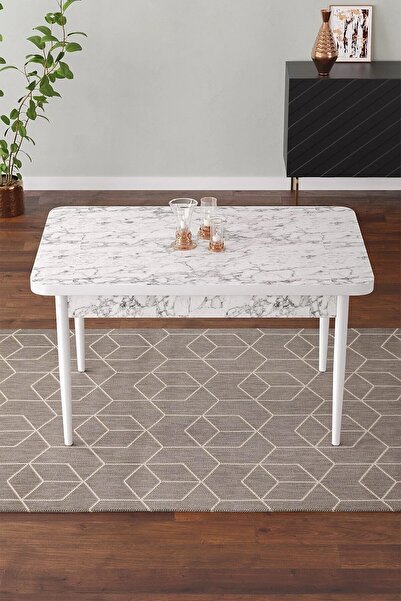 SHOOVVEL Vera 70x110 Mdf Beyaz Mermer Metal Ayaklı Sabit ÜstKalite Mutfak Masası, Yemek Masası, Salon Masası