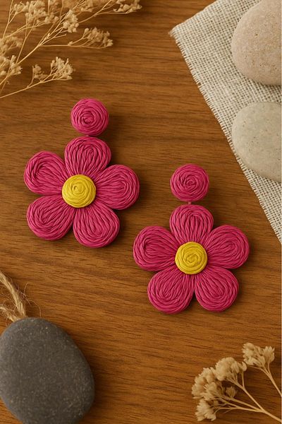 sema aksesuar Flower Model Hanging Paper Thread Earrings - Handmade Flower Earrings - Gift
