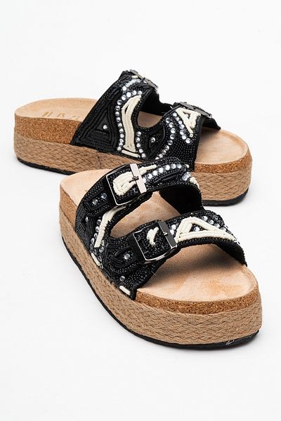 LuviShoes Bobby Black Stone Ethnic Patterned Straw Thick Cork Sole Women's Slippers