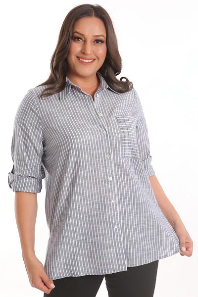 Metpoint Ριγέ πουκάμισο Trend42plus Plus Size Navy Blue Pocket Stone με στάμπα