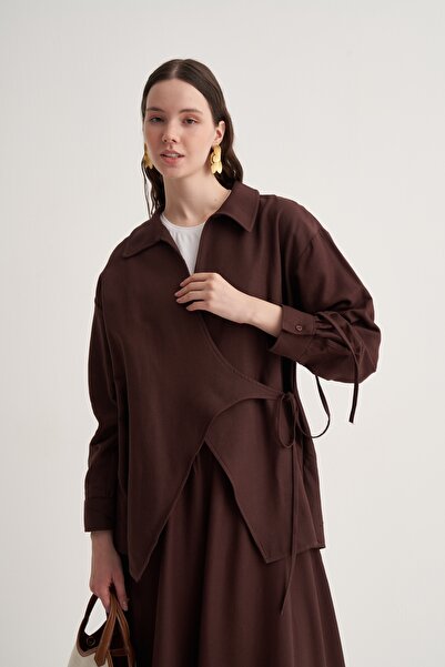 EBU Prive Γυναικείο κιμονό από βαμβακερό κολάρο Cupra, καφέ βαθύ χρώμα