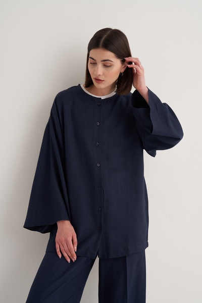 EBU Prive Women's Cupra Draped Cotton Kimono Shirt Navy Blue