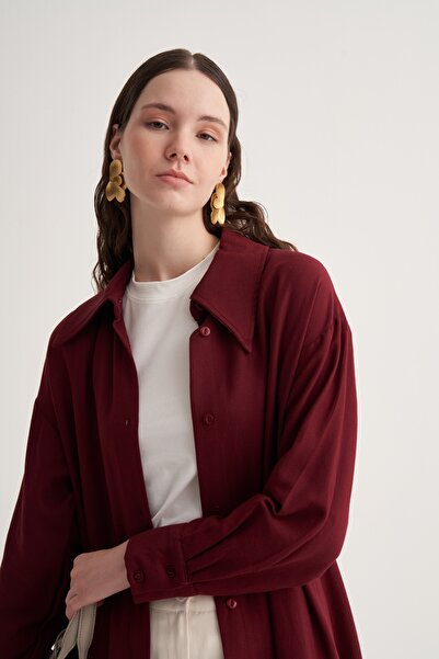 EBU Prive Kadın Cupra Dökümlü Pamuklu Oversize Uzun Gömlek Elbise Bordo