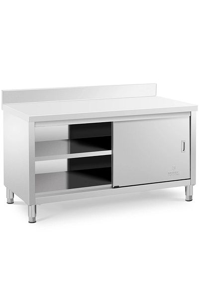 Royal Catering Stół blat roboczy przyścienny z szafką i rantem drzwi suwane 150 x 70 cm