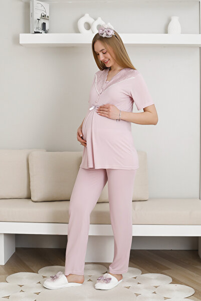 ERDENİZ TEKSTİL Patterned Maternity Pajamas and Dress Set / Cotton-Viscose Fabric / Adjustable Waist