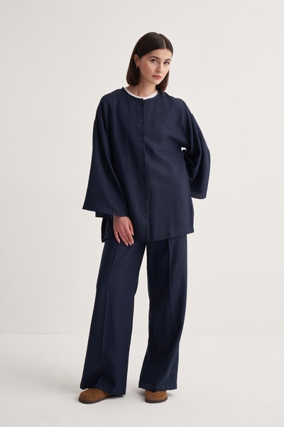 EBU Prive Women's Cupra Draped Cotton Kimono Shirt Navy Blue