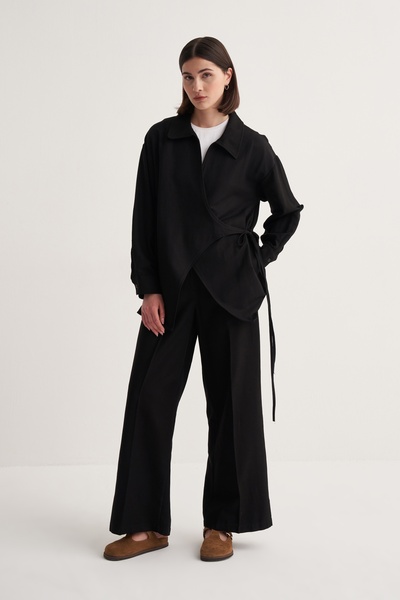 EBU Prive Women's Cupra Draped Cotton Collar Kimono Black