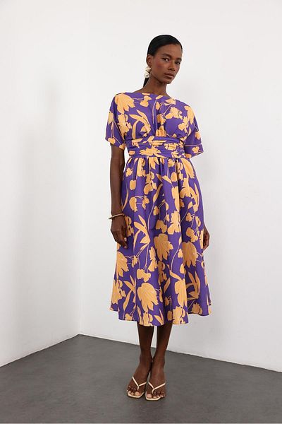 5in1Canpolat Purple Gathered Short Sleeve Dress