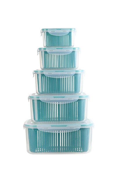COOYA Fruit Storage Containers,Produce Savers with Drain Colander,Fridge Organizer,Blue,5 Pack