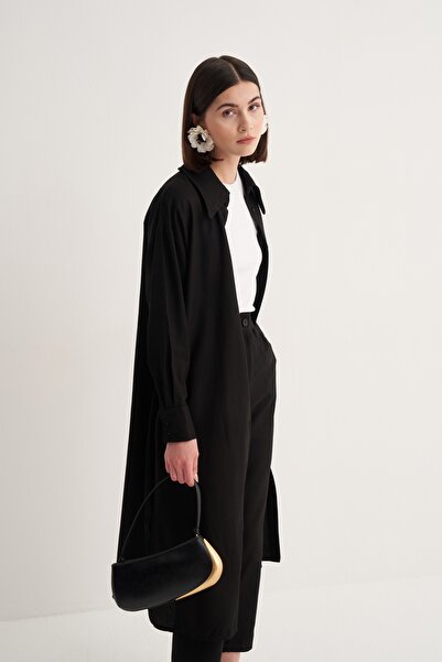 EBU Prive Women's Cupra Draped Cotton Oversize Long Shirt Dress Black