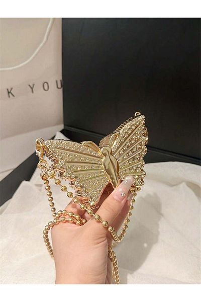 La Saade Luna Gold Butterfly-Mini Butterfly Model Handbag with Gold Stones