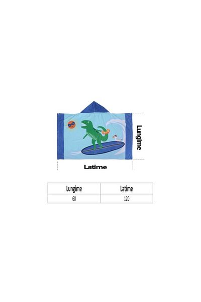 zzz sleep good sleeping !!! Prosop de baie poncho pentru copii, culoare albastră, design verde cu dinozauri surfer, 120 x 60 cm