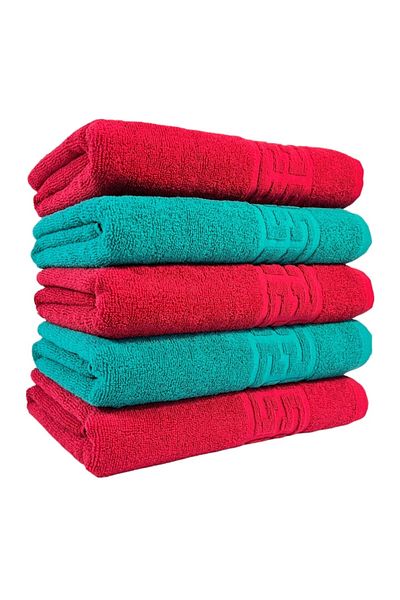 Plush Set 5 Towels, Red Green, 100% Cotton 550gr, 70x140cm