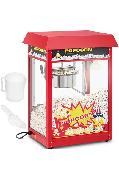 Royal Catering Maszyna urządzenie do prażenia popcornu retro TEFLON 1600 W 5-6 kg/h - czerwona
