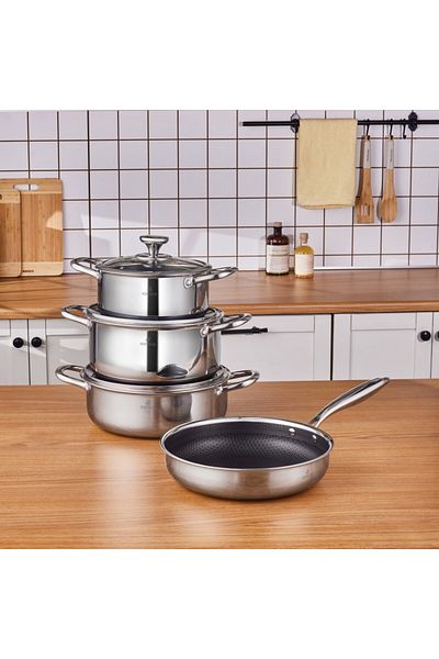 Karaca 3Ply, Edelstahl Guardian 7-teiliges Kochgeschirr-Set, Induktion, Silber