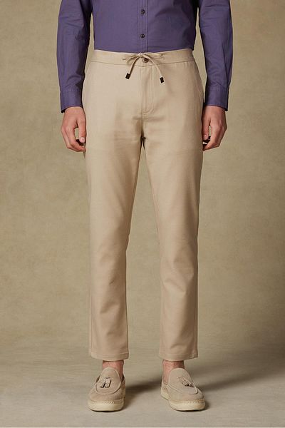 Abbate Soft Woven Cotton Blend Tailored Fit Cream Men's Straight Trousers