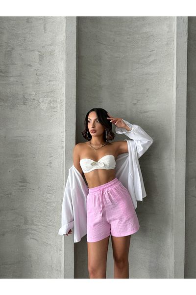 Miss Prova Muslin Beachwear Shorts with Elastic Waist and Waist Tie Detail