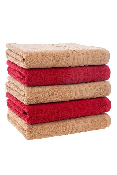 Plush Set 5 Towels, Beige, Red 100% Cotton 550gr, 50x90cm