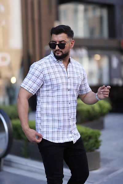 Klothy Cămașă de in pentru bărbați, cu mânecă scurtă, slim fit, în carouri 2476