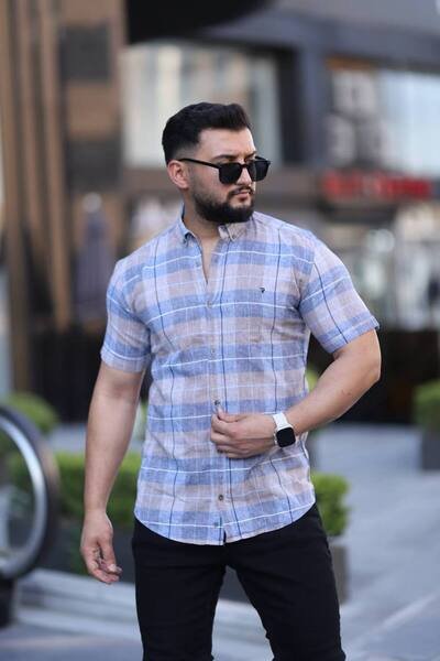 Klothy Men's Short Sleeve Slim Fit Checked Linen Shirt 2476