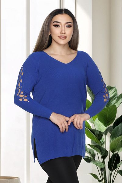 LocaMz Blue V-Neck Sleeve Detailed Knitted Sweater with Stones