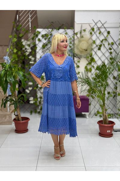 Punta Otantik Nc10938 Italian Sequin Half Sleeve Midi Silk Dress Blue