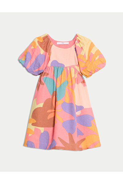 Marks & Spencer Desenli Kısa Kabarık Kollu Dokuma Elbise (2-8 Yaş)