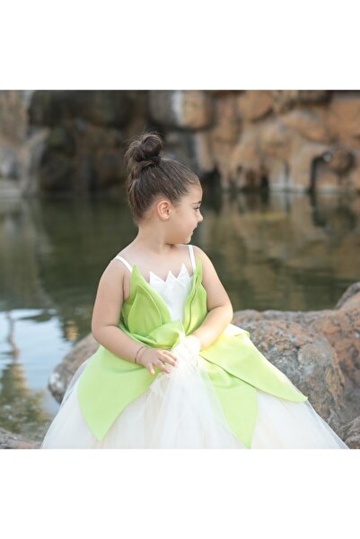 sara tasarım Kız Çocuk Prenses Açık Yeşil Uzun Kolsuz Elbise, Düğün Nişan Fot...