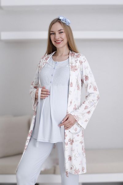 Lohussa Set de pijamale pentru femei, albastru, cu model special, cu nasturi, cu volan, pentru maternitate, pentru maternitate, set de 3 piese