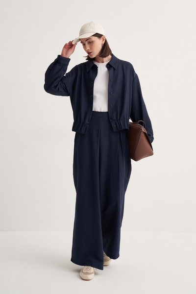 EBU Prive Kadın Cupra Dökümlü Pamuklu Pileli Etek Pantolon Lacivert