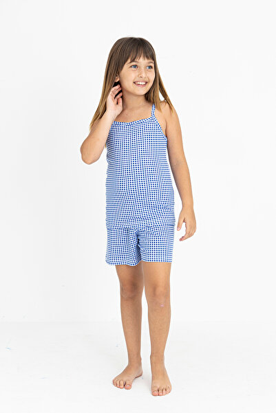 GRI MOR TEKSTIL KIZ ÇOCUK PAMUKLU İP ASKILI ŞORTLU PİJAMA TAKIMI