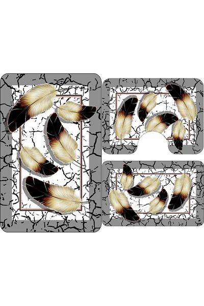 OEM Set 3 Bath Rugs, Feather Print, Non-Slip, 50x60cm, 50x80cm, 60x100cm, Multicolor