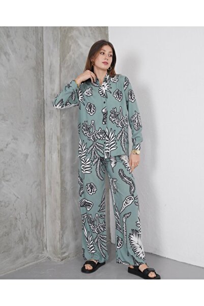 SheLoria Women's Turquoise White Bottom Top Shirt Pants Viscose Set