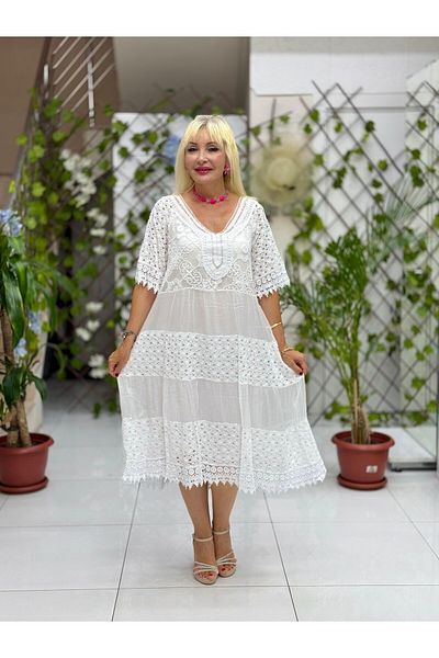 Punta Otantik Nc10938 Italian Sequin Half Sleeve Midi Silk Dress White