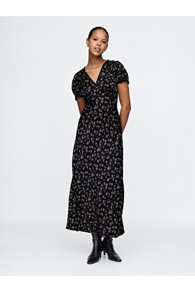 GAP Kadın Siyah Çiçekli Saten Maxi Elbise