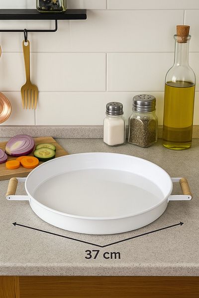 Evsun Home Collection صينية معدنية بمقبض خشبي مقاس 37 سم، صينية شاي، صينية قهوة، صينية تقديم