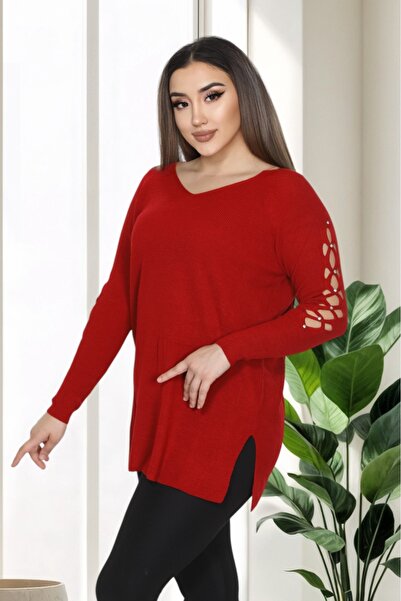 LocaMz Blue V-Neck Sleeve Detailed Knitted Sweater with Stones