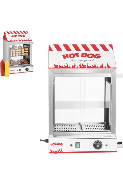 Royal Catering Vitrină încălzitoare pentru 200 de hot dog-uri, cârnați, 50 de chifle, 2000W, Royal Catering RCHW 2000
