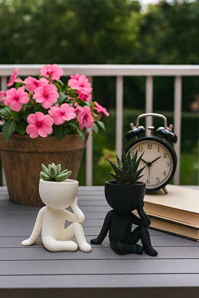 NOVATECH İNOVASYON THINKER Sukulent Saksı 2 `li Oturan Figür Saksı & Siyah Be...