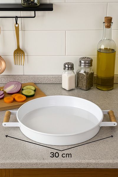 Evsun Home Collection 30 Cm Metal Tray with Wooden Handles Tea Tray Coffee Tray Presentation Tray