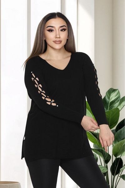 LocaMz Blue V-Neck Sleeve Detailed Knitted Sweater with Stones