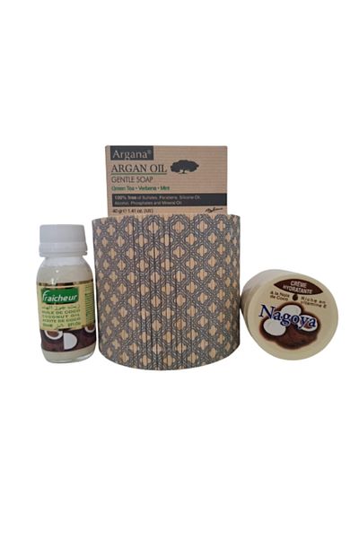 AZBANE -CASABLANCA - MAROC Set cutie crema cu ulei de nuca de cocos 100 ml, ulei de nuca de cocos 60 ml, sapun Arganine 40 gr
